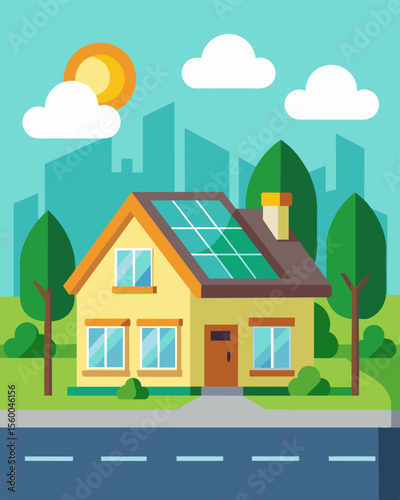 A suburban home on a quiet street embraces a green lifestyle with its rooftop solar panels and automated energy management system.. Vector illustration