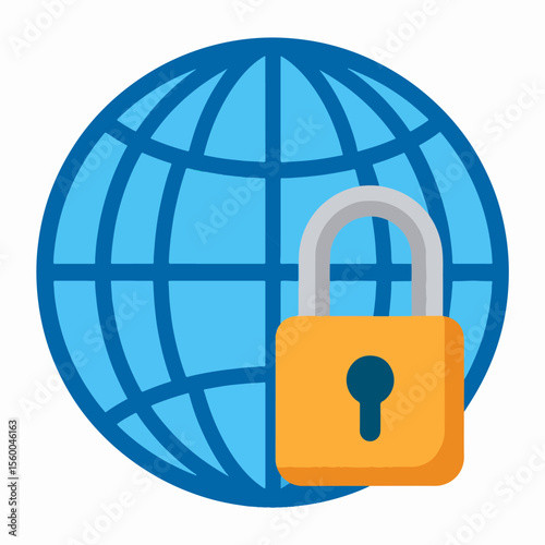 A stylized globe with horizontal and vertical lines features a yellow rectangular padlock with a keyhole in the center