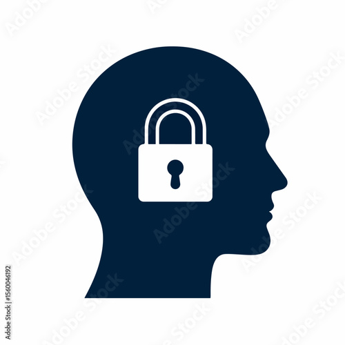A navy blue profile of a head features a white padlock in its central upper section