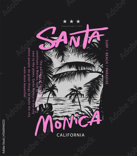Santa Monica calligraphy slogan with palm beach view in square frame vector illustration 