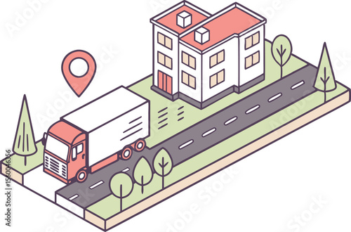 Delivery Truck Illustration Set Featuring Cargo Vehicles and Logistic Concepts in Clean Style. Hand Drawn Delivery Trucks in Motion with Boxes and Urban Background for Design Projects. Commercial Tran