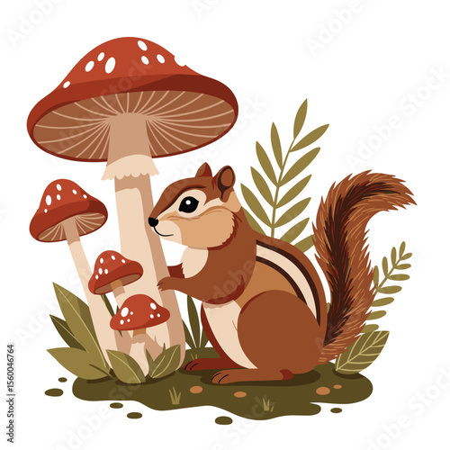Chipmunk and mushrooms in a forest setting with green leaves  