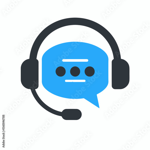 A dark gray headset with a boom mic surrounds a light blue speech bubble containing three dots and two horizontal lines