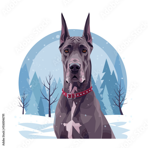 Great Dane in the snow with winter landscape and pine trees  
