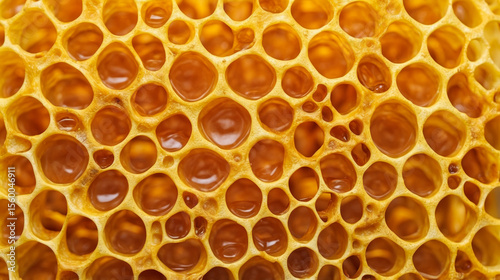 A macro photograph of golden honeycomb filled with fresh honey, highlighting natural texture and vivid color