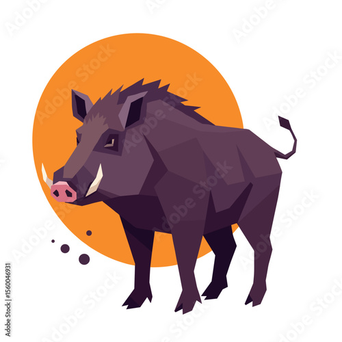 Wild boar illustration in geometric style with orange background  