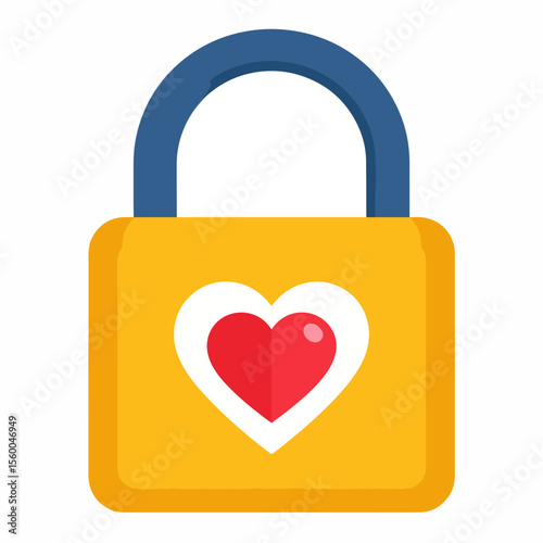 A yellow square padlock with rounded corners featuring a whiteedged red heart Its has a blue rounded shackle