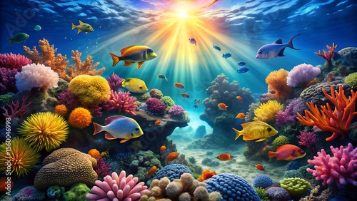 Sunlight streams through the crystalclear ocean water illuminating a vibrant coral reef teeming with colorful tropical fish