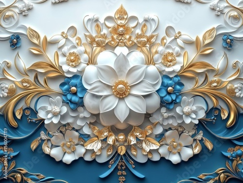 White flowers gold floral pattern blue flower decorative art elegant design wallpaper design