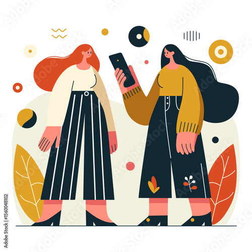 Two girls with long hair and fashionable clothes are watching the news on a smartphone.