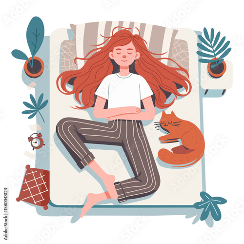 Red-haired girl lying on bed in pajamas, her cat lying next to her. Flat vector illustration.