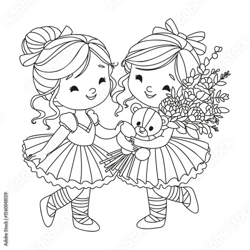 Two cute girls in dance costumes with a toy and a bouquet of flowers. Coloring page for children and adults. Illustration for coloring.