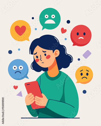 A lone user is buried under a mountain of negativity and hurtful words unable to escape the constant harassment and trolling on their social media feeds.. Vector illustration