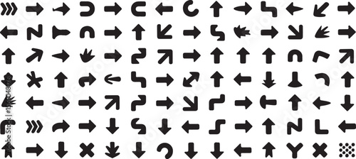 Black Arrow Icons of Various Shapes and Directions on White Background