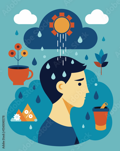 A deluge of rain pouring out of a persons head with each drop representing a different source of stress from finances to relationships to work.. Vector illustration