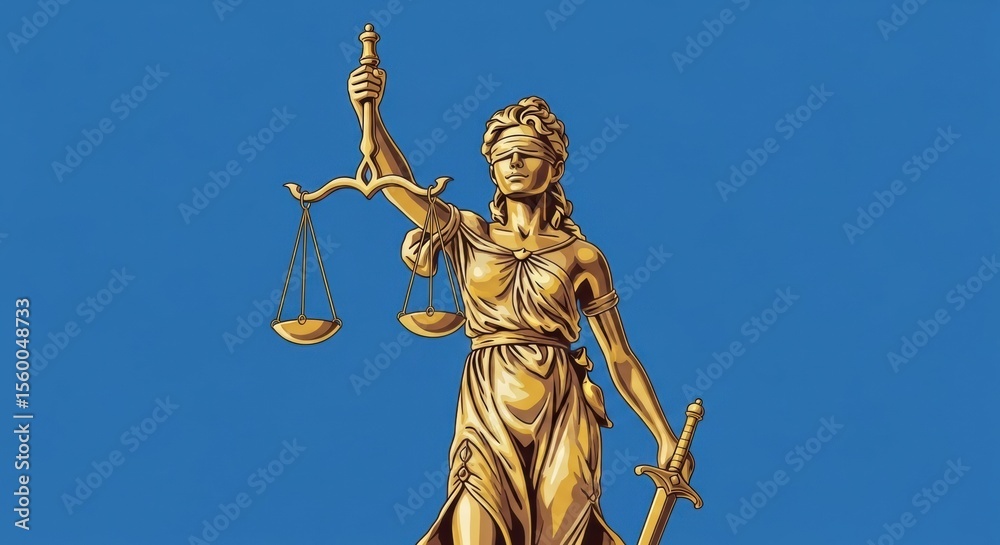 Fototapeta premium An ornate illustration of the goddess of justice, Themis, in a golden hue against a plain blue background. A modern, graphic depiction of the legal symbol.