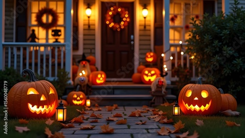 Realistic Halloween Porch Decor with Carved Pumpkins