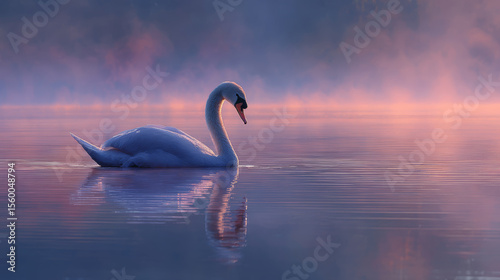 A solitary swan floats on a calm lake, reflecting the beautiful sunrise colors.