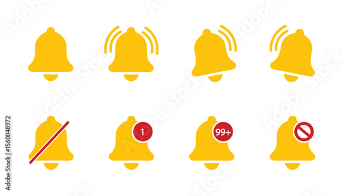 Set of yellow notification bell icons. Alarm symbol. Reminder icon of ringing bells, sign for incoming inbox messages