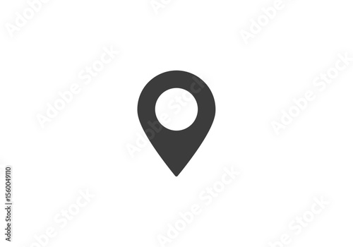 A dark gray location pin icon with a white circle inside points downward on a white background