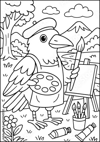 coloring book page, Anthropomorphic Animals, This talented crow paints scenes of nature with bold, black feathers!
