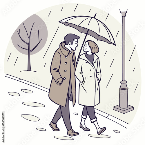 A classic-style illustration of a couple under an umbrella, showing love, protection, and shared intimacy during a calm rainy day. 