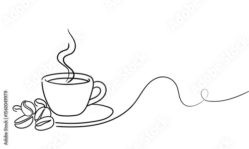 Breakfast theme with lineart coffee cup, continious line drawing. Vector illustration 
