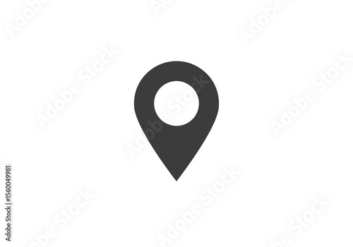 Dark grey location pin with a circular opening on a white background