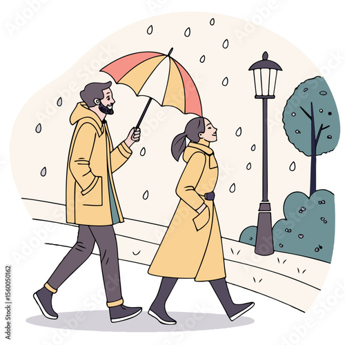 This illustration beautifully depicts two partners walking together in the rain, symbolizing emotional unity, resilience, and love shared during simple, happy moments.