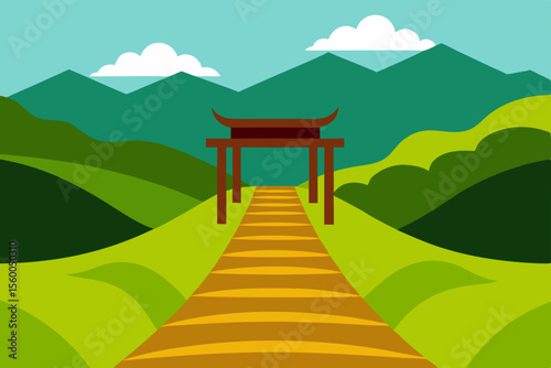 path wooden gate rice terrace hills nature landscape