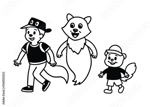 Cute Cartoon Fox and Ghost Walking Together