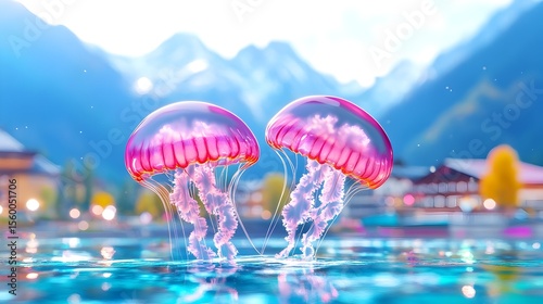 Pink jellyfish pair, alpine lake, mountain backdrop, surreal scene
