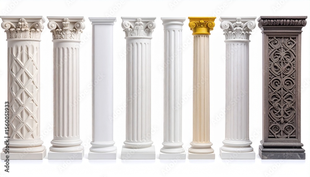 Obraz premium Ancient classical Greek and Roman temple columns and pedestals in white marble, isolated architectural elements