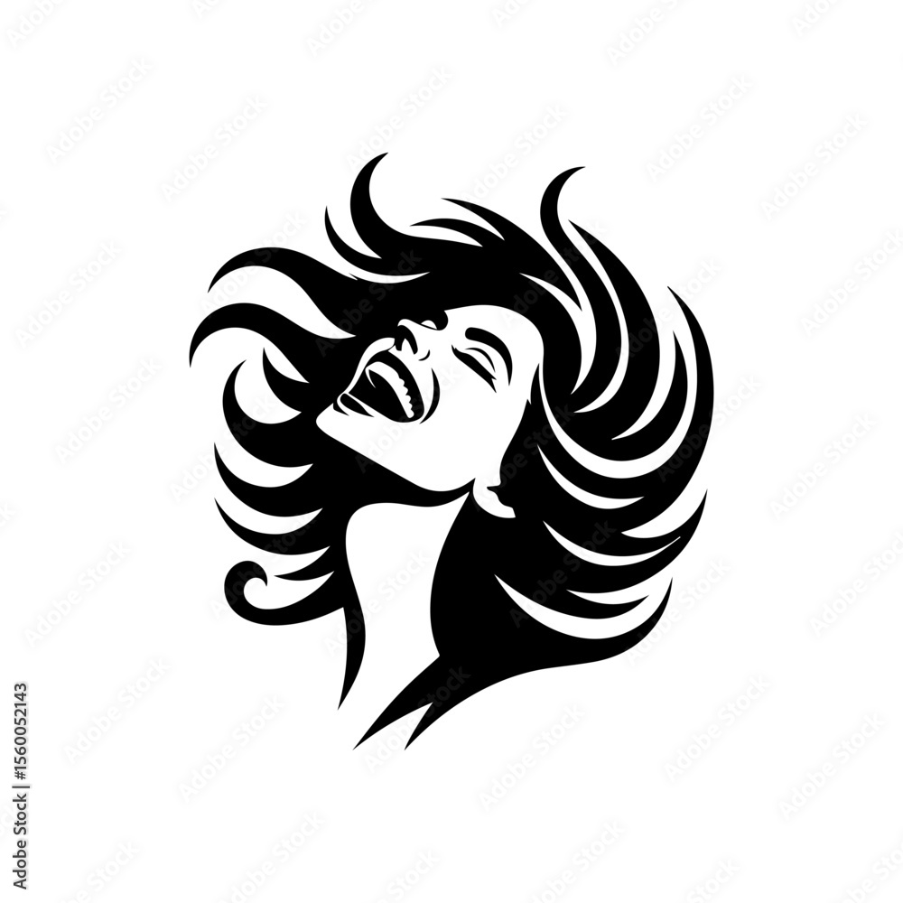 Illustration of a woman laughing with her head tilted back and hair flowing around her. Illustration of a woman laughing with her head tilted back and hair flowing around her.