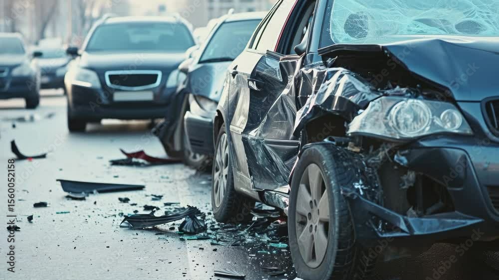 Vehicles are severely damaged on a City street after a car accident. Debris is scattered around the cars, with shattered glass and bent metal visible. A dark sedan has significant front end damage