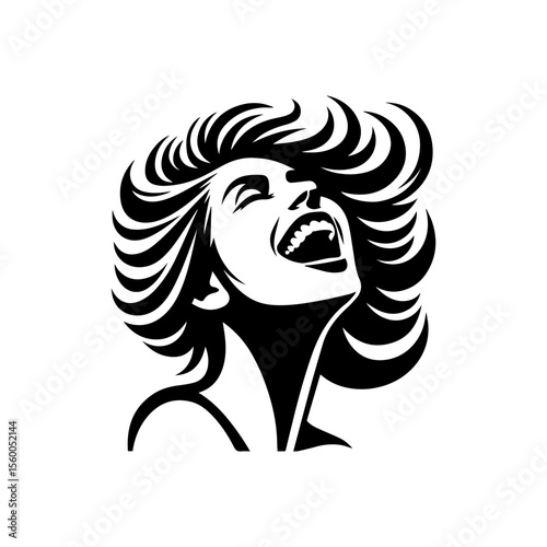 A woman with voluminous hair is laughing with her head tilted back, depicted in a black and white vector illustration.