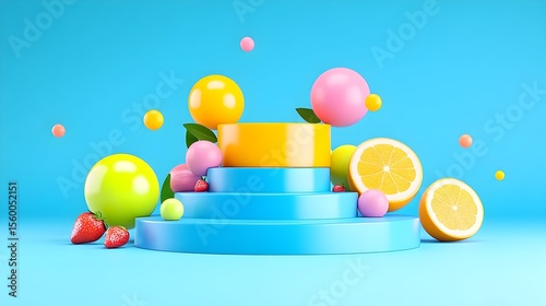Summer fruit podium, pastel background, 3D render, product display