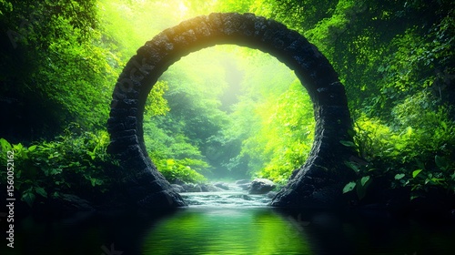 Stone archway, jungle stream, sunlight, mystical forest, fantasy