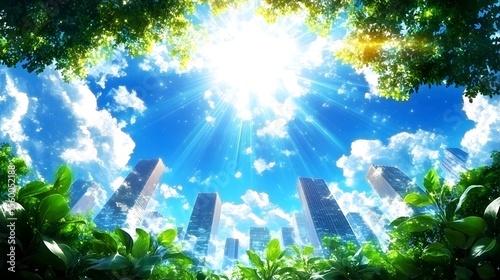 Sunlit cityscape viewed from lush green canopy