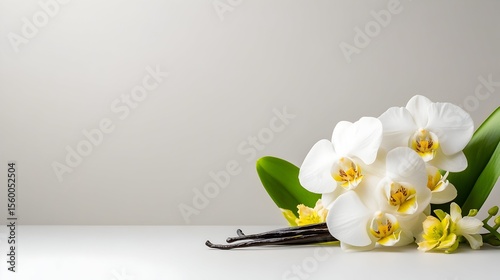 White orchids, vanilla beans, minimalist background, spa, product display