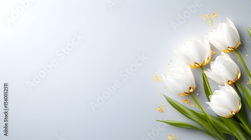 White tulips gold accents grey background spring banner