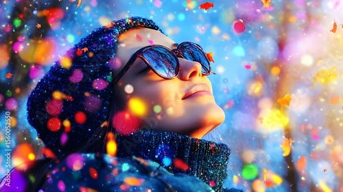 Woman enjoying confetti snowfall, winter park, festive joy