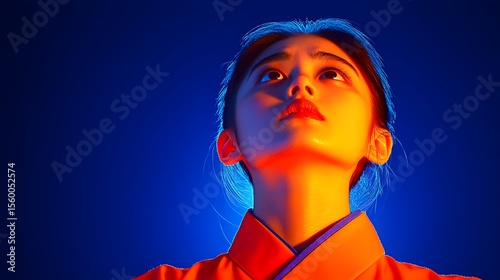 Woman, gazing upward, studio portrait, vibrant lighting, Asian attire