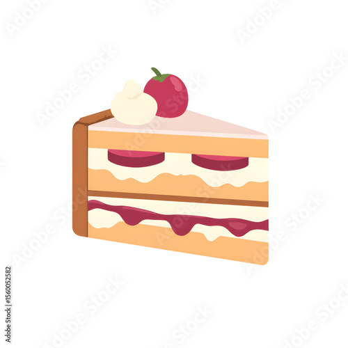 Slice of cake with cream and cherry on top in flat design  