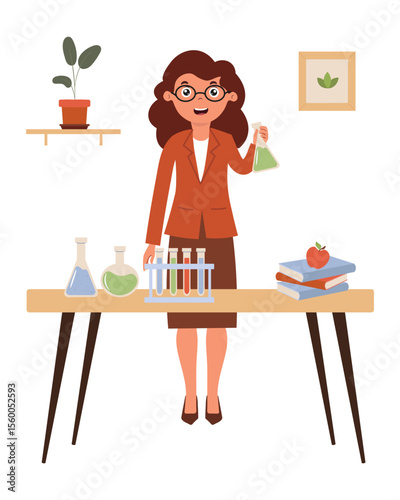 Scientist conducts experiment in laboratory room with multi-colored glassware and teaching materials. Lab assistant girl in business suit in chemistry lesson.Vector illustration in flat style.