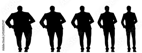 Conceptual fat overweight obese man vs slim fit healthy body after weight loss or diet, white background banner. A  fitness, nutrition or obesity, health care shape illustration vector as silhouettes