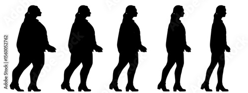 Conceptual fat overweight obese female vs slim fit healthy body after weight loss or diet on white background banner. A  fitness, nutrition or obesity, health shape illustration vector as silhouettes