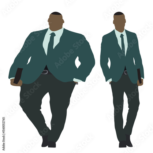Conceptual fat overweight obese man vs slim fit healthy body after weight loss or diet, white background. A  fitness, nutrition or obesity, health care shape illustration vector as silhouettes