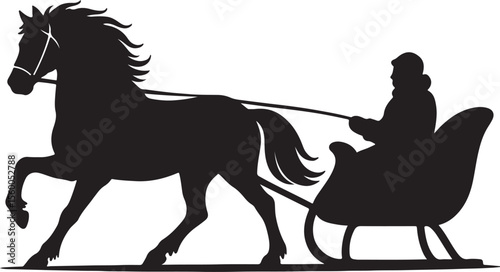 Silhouette of Horse Pulling Sleigh with Driver in Winter Scene