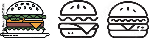 Burger Icon Vector Illustration Set: Classic Fast Food Symbol with Detailed and Simplified Designs on a Transparent Background for Culinary Projects